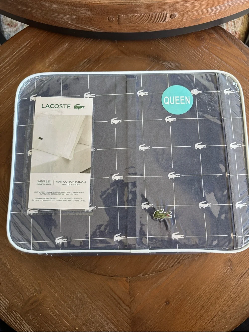 Lacoste Navy Grid & Crocodile Motif Queen Sheet Set